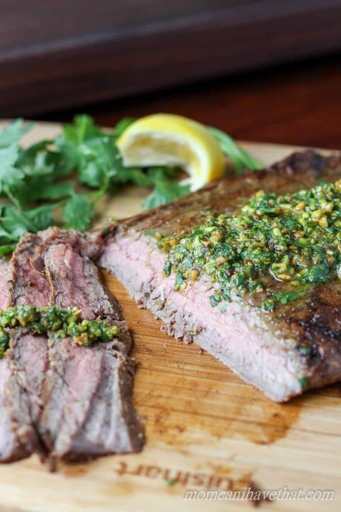 Indian Spiced Flank Steak with Cilantro Pistachio Pesto | low carb, gluten free, dairy free, paleo | lowcarbmaven.com