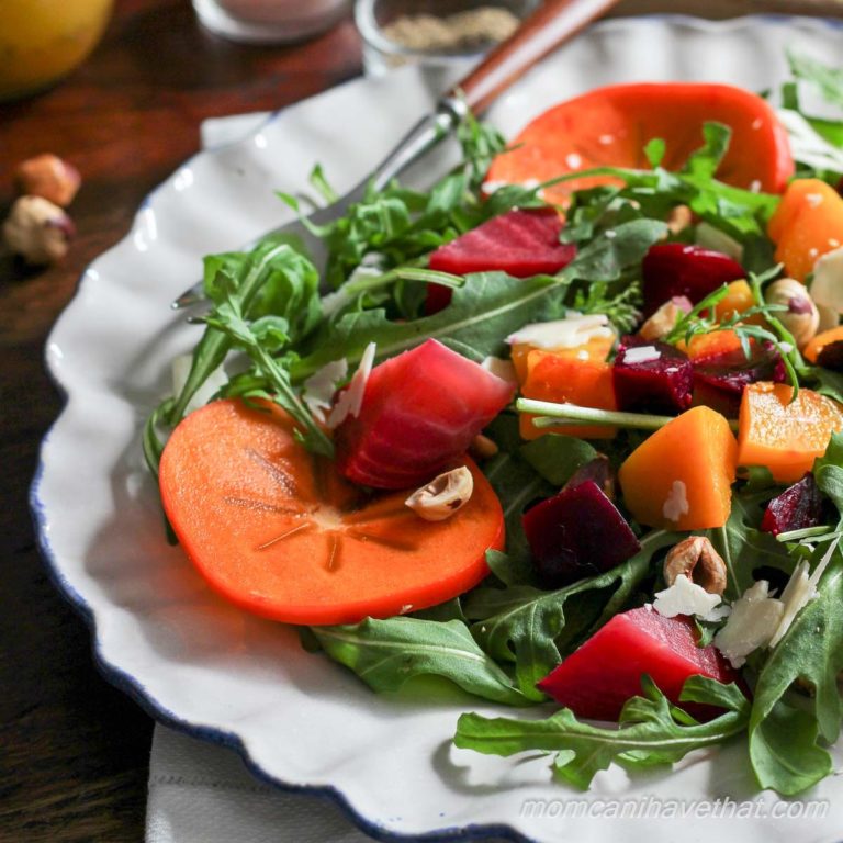 Harvest Salad with persimmon, beets, butternut squash, hazelnuts and arugula.
