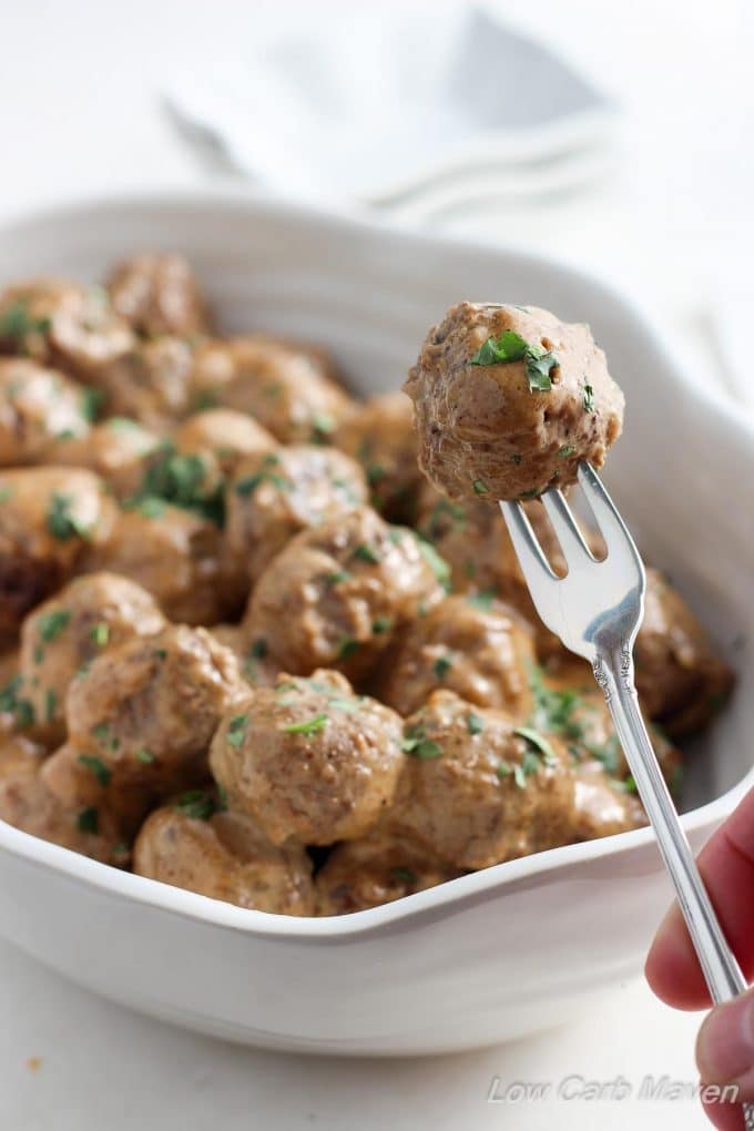 Low Carb Swedish Meatballs - great as an appetizer or a meal served over zoodles! | lowcarb, gluten-free, keto, thm | LowCarbMaven.com