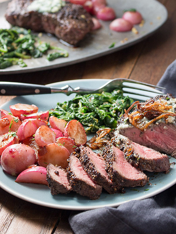 Pan Seared Flat Iron Steak Recipe with Peppercorns and Blue Cheese Butter