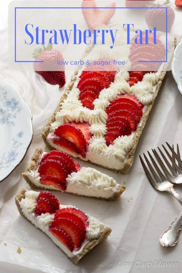 No bake sugar-free strawberry cheesecake makes a beautiful low carb dessert tart with cream cheese and goat cheese is an easy hemp walnut crust.