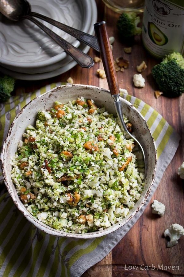 Cauliflower Broccoli Rice Salad - a healthy vegetarian low carb side with broccoli, cauliflower, walnuts and an oil and vinegar dressing.