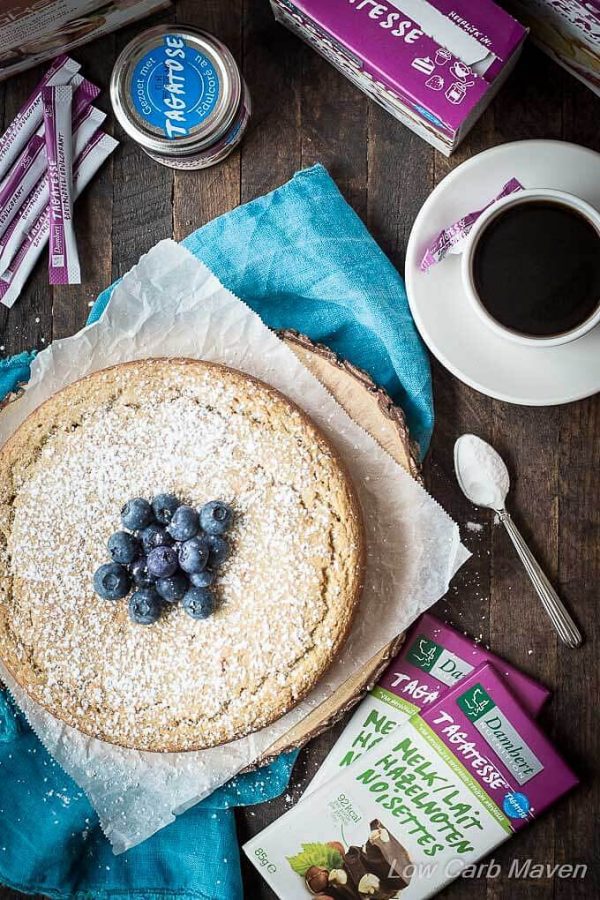 Sugar-free cake, raspberry jam and hazelnut chocolate bar made with Tagatesse (Tagatose) low calorie sweetener.