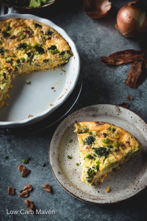 An easy crustless broccoli quiche with cheddar cheese and bacon makes a delicious breakfast or lunch. #quiche #lowcarb #keto
