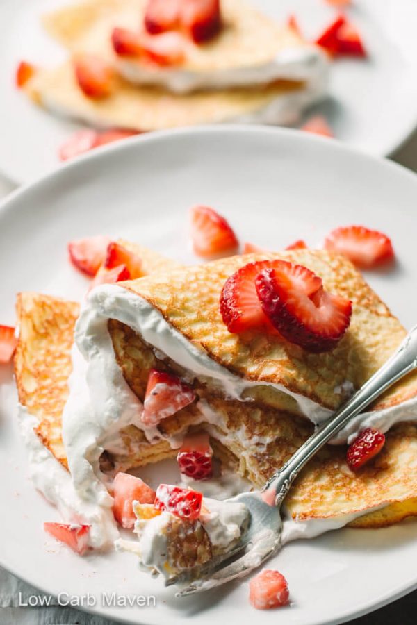 Keto Strawberry Crepes and whipped cream. #lowcarb #keto #crepes #sweet #filling