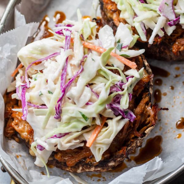 Pulled pork stuffed portobello with coleslaw.