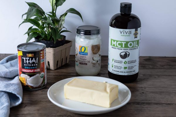 Healthy fats for bulletproof coffee, bulletproof tea, and butter coffee: full-fat coconut milk, butter, coconut oil and MCT oil.