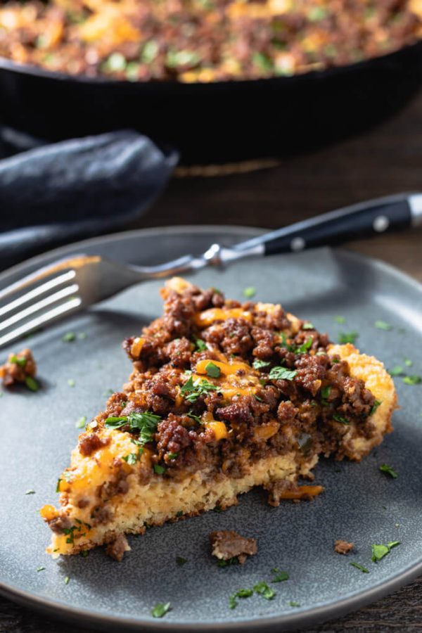 Sloppy Joe Casserole with a low carb cornbread base - a tasty comfort food meal.