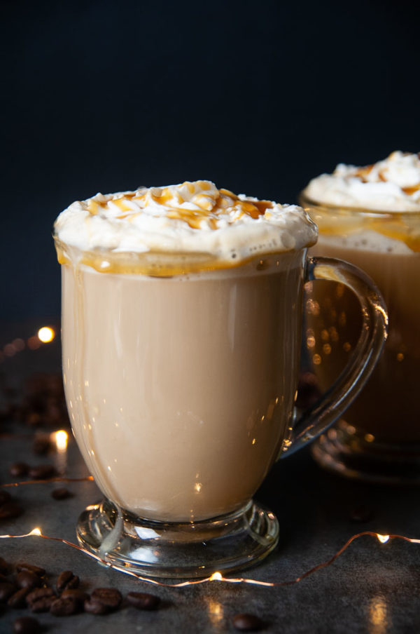 Sugar Free Caramel Brulee Lattes on black with caramels and lights