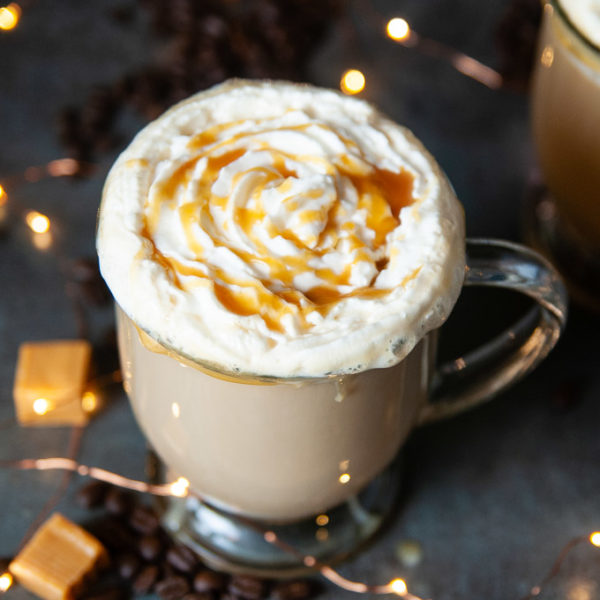 Top the sugar free caramel brulee lattes with low carb whipped cream.