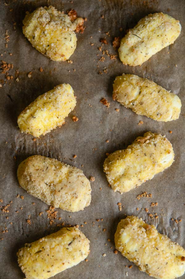 A tray of gooey low carb mozzarella sticks